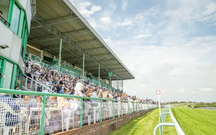 The crowds in the grandstand at Brighton overlooking the track in the sun