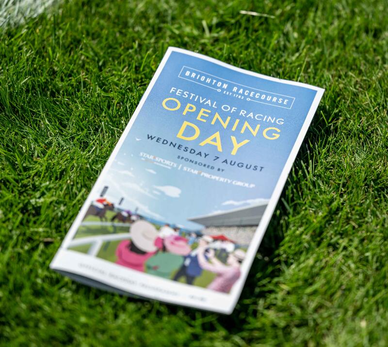A close up of a horse race card on the lawn at Brighton Racecourse