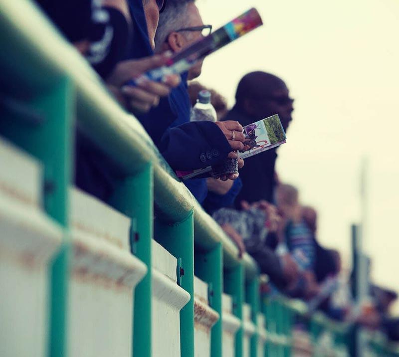 Racegoers  with programmes watching a race